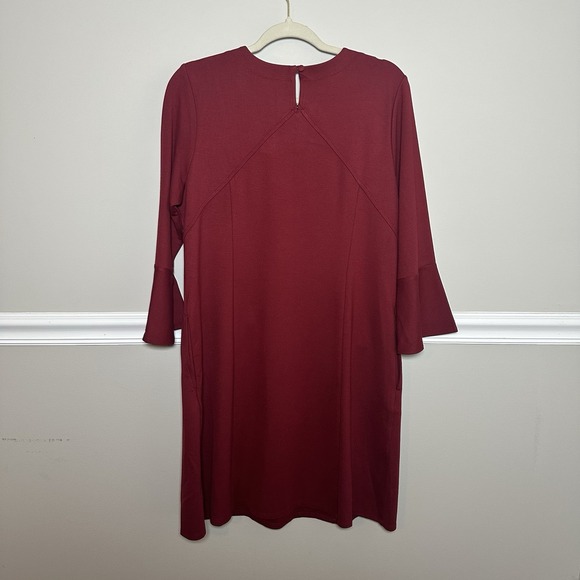J Jill Ponte Shift Heavy Dress M NWT Bell Sleeves Stretch Cranberry Red Pockets - Picture 7 of 11